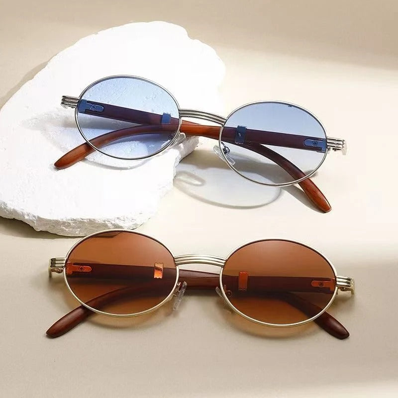 Metal Oval-Frame Sunglasses With A Wood-Grain Finish